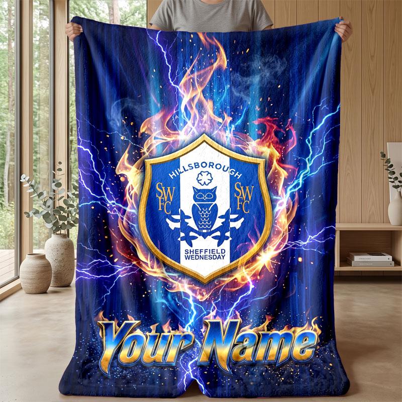 Sheffield Wednesday FC Custom Name Text Flannel Blanket Soccer Logo Personalized Fleece Throw Blanket Special Gift For Sofa Bedroom Home