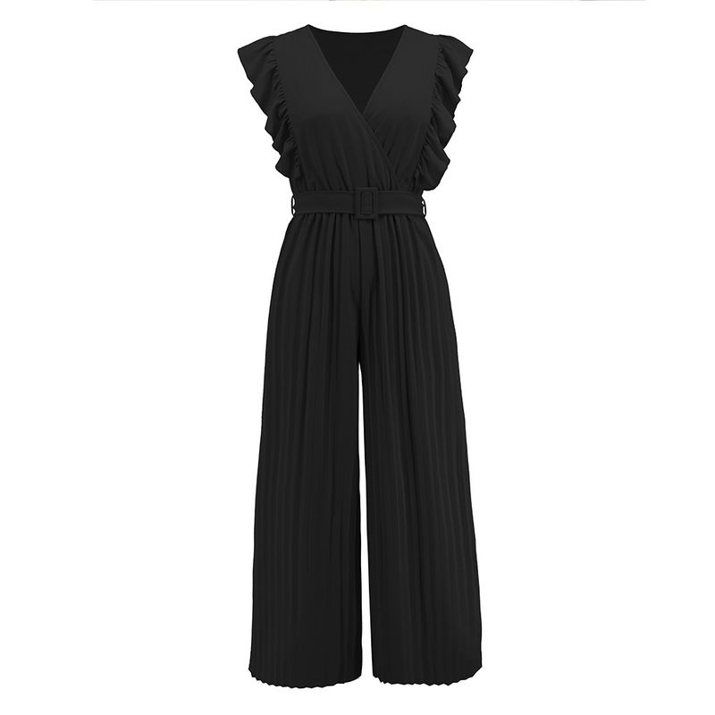 

New Sexy Silm Elegant Jumpsuit High Waist Sleeveless Lotus Leaf V Neck Pleated Wide-Leg Skort Women LQ555-Black S