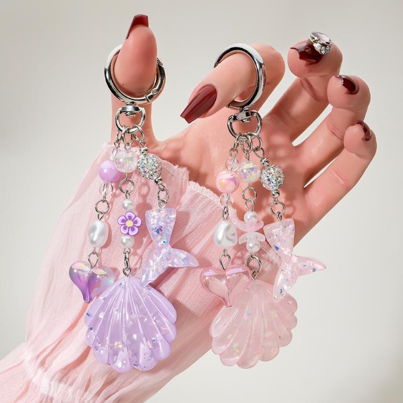 Cute Mermaid Tail Shell Keychain With Glitter Sequins Pearl Beads Purse Backpack Decoration Gift For Girls