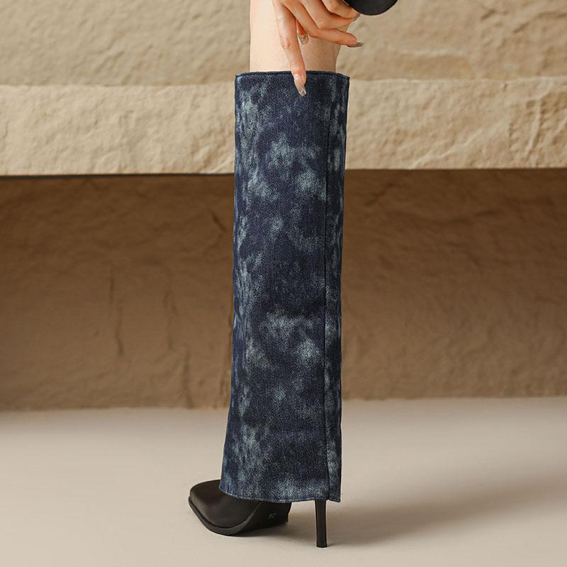 Women's High-heeled Medium Boots Autumn and Winter New European and American Style Pointed-toed Thin-heeled Large-size Cowboy Pipe Boots