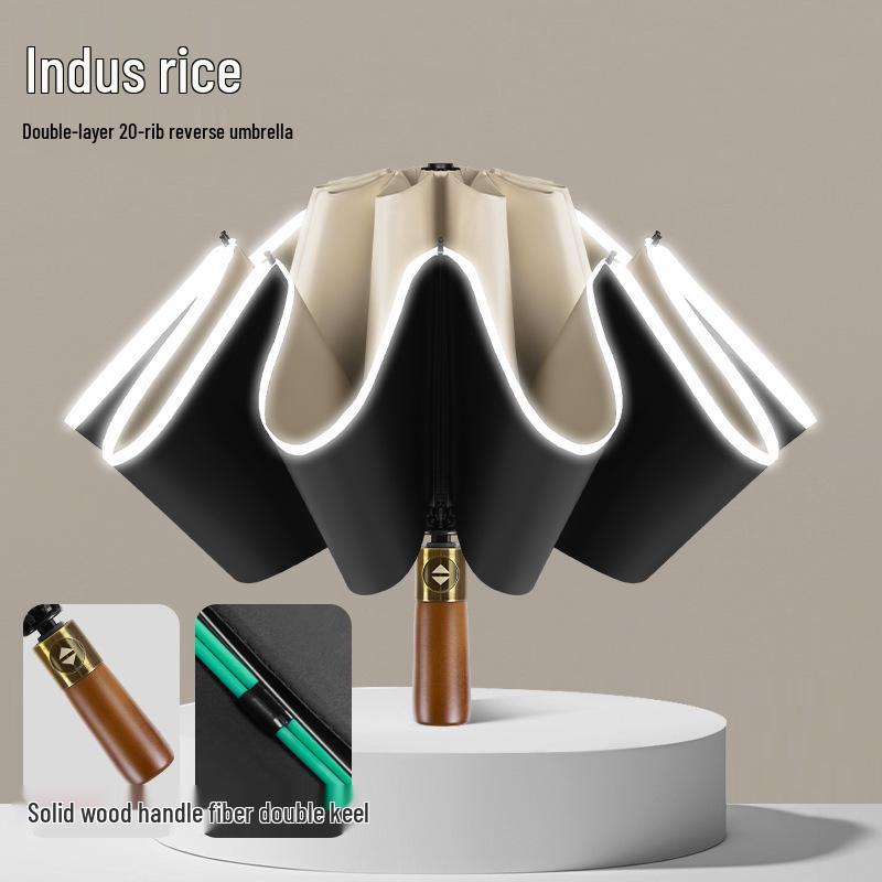

Fully Automatic Vinyl Reverse Umbrella with Solid Wood Handle, Reflective Edge, and Sun Protection 23-inch, 58.8 cm, 10 ribs