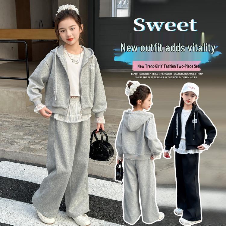 2025 New Style Girls' Hooded Sweatshirt & Wide-Leg Pants Two-Piece Set for Spring and Autumn