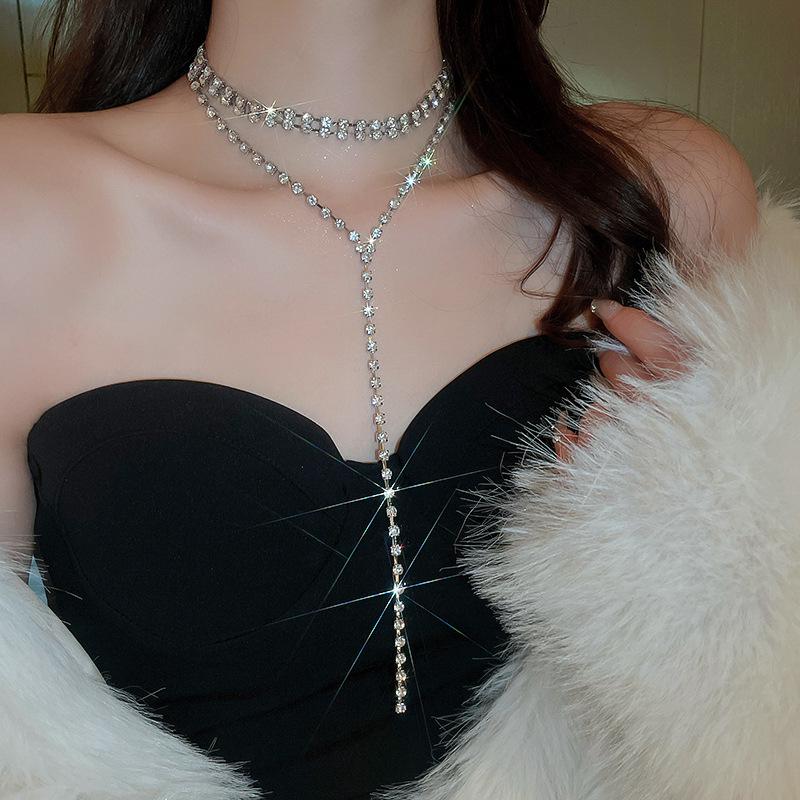 Luxuriöse mehrschichtige Diamant-Quasten-Halskette für Damen – Elegante europäische und amerikanische Stil-Schlüsselbein-Kette