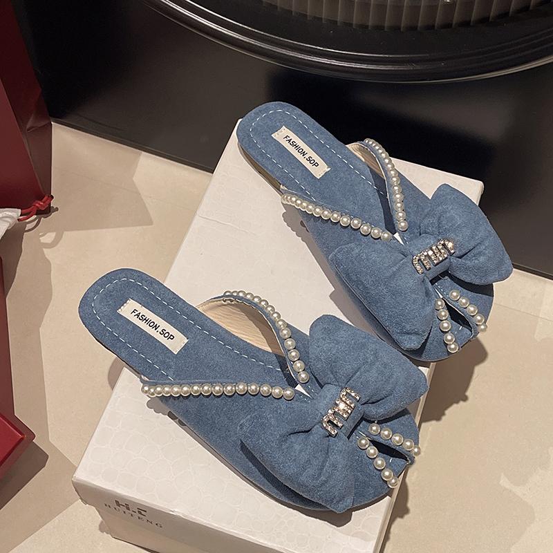 

Baotou полутапочки женские верхняя одежда лето новые жемчужный бант плоская подошва модные сандалии на низком каблуке тащить 40 синий