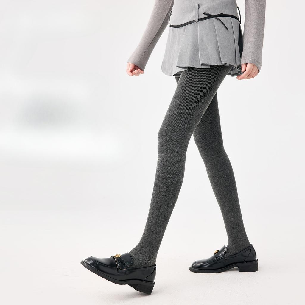 Women's Autumn Winter Gray Vertical Stripe Slimming One-Piece Pantyhose Fleece Lined Thickened Cotton Base Layer Tights