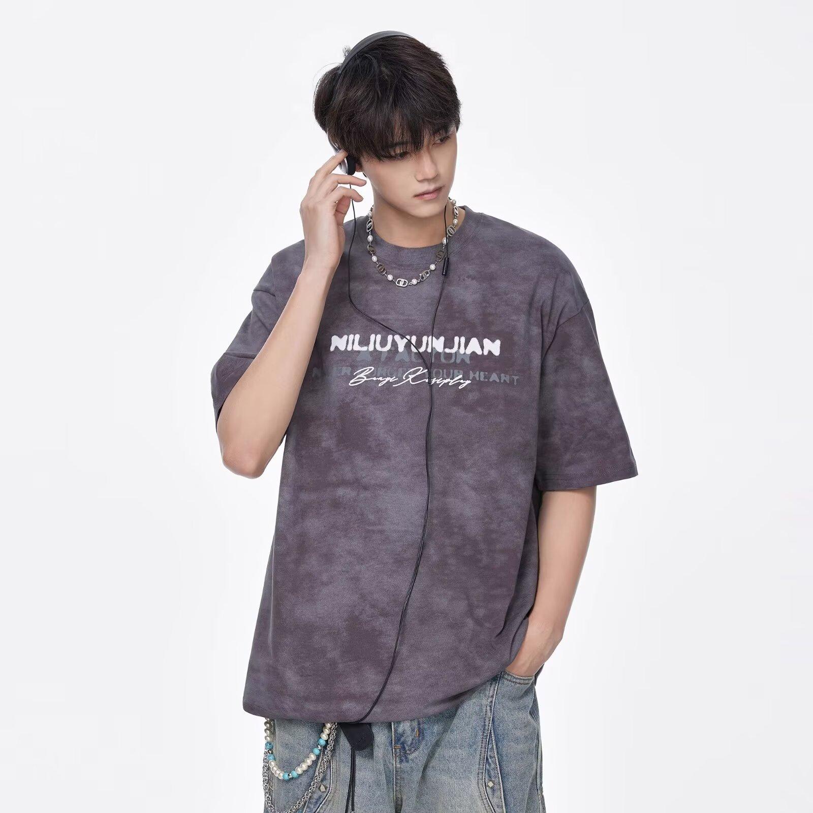 

Футболка с коротким рукавом в американском стиле с принтом тай-дай, мужская футболка 2025 года, летняя, новая, стильная, модная, брендовая, тяжелая, молодежная, свободная, с коротким рукавом 3XL темно-серого