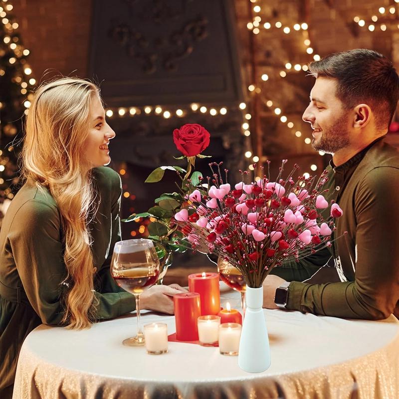 5pcs/lot Artificial Heart Shaped Berry Picks Flower Stem Branches for Valentines Day Wedding Party Home Table Decoration Gifts