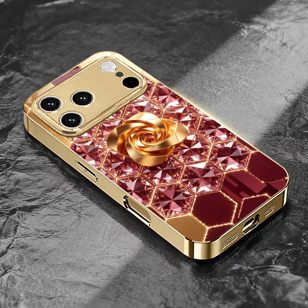 Pink diamond golden rose phone case for funda iphone for iphone 17 pro max cover glass for iPhone 17 16 15 14 13 12pm Pro Plus