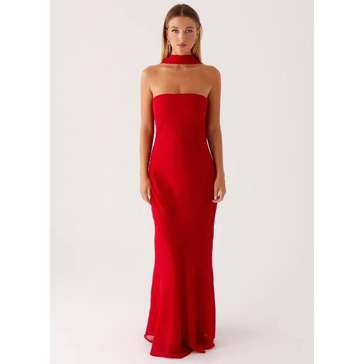 Women's Strapless Floral Print Mermaid Maxi Dress with Side Drape