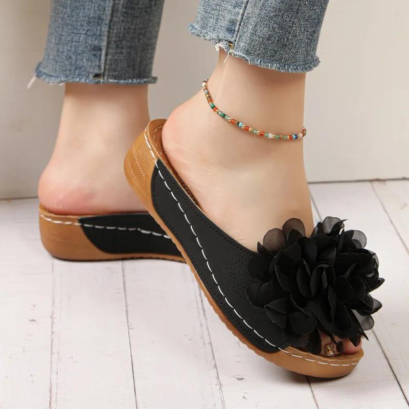 Female Shoes On Sale 2025 Open Toe Women's Slippers Outdoor Casual Slippers Women Bow Tie Floral Plus Size Wedges Ladies Sandals