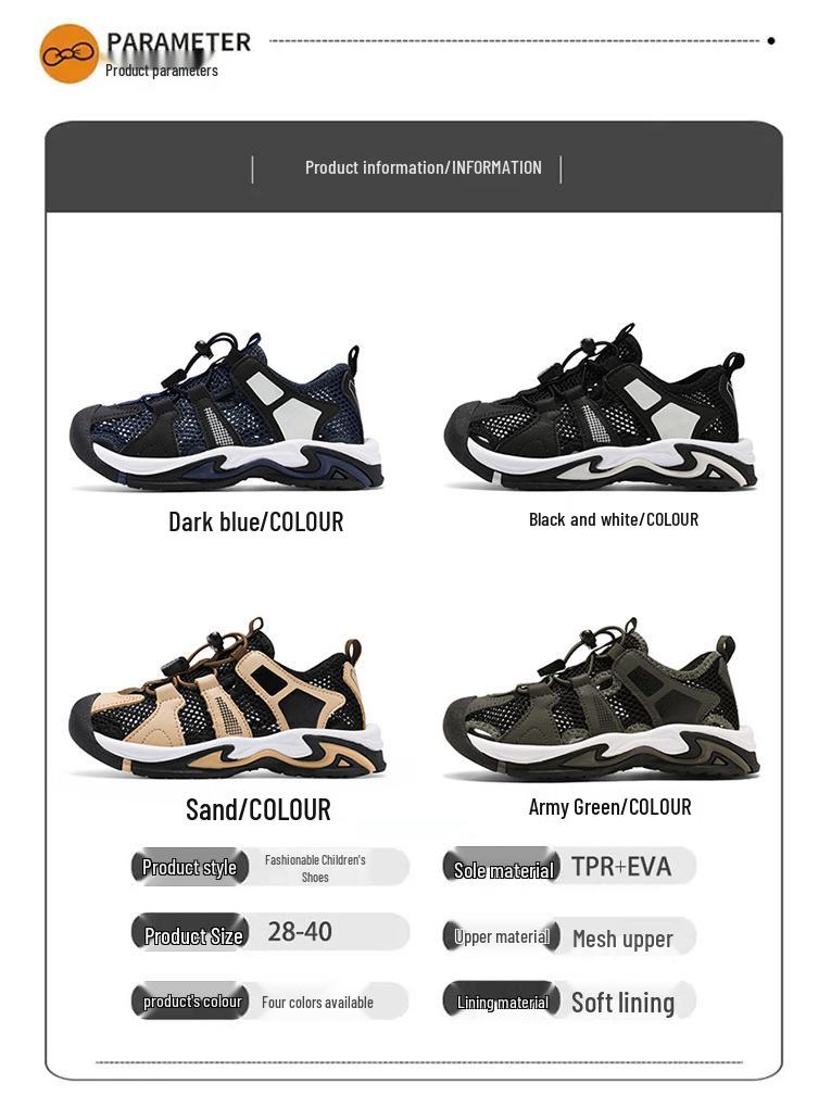 Letnie siatkowe sandały sportowe dla chłopców 2026: Miękka podeszwa, zamknięty czubek. Idealne dla średnich i dużych dzieci na plaży.