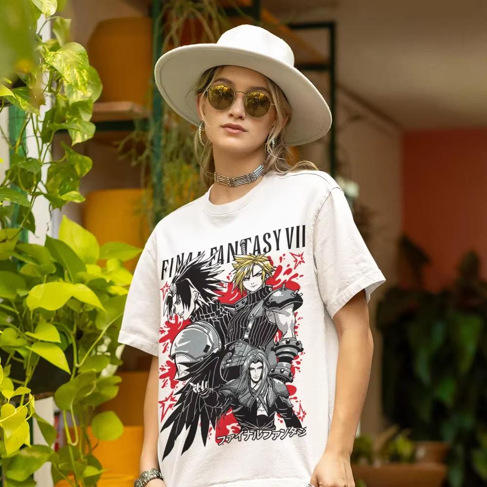 Final Fantasy Vii Rebirth Cloud Strife Koszulka Vintage Retro Grafika Gamingowa Nadruk Unisex Bawełna Krótki Rękaw Oversize Top