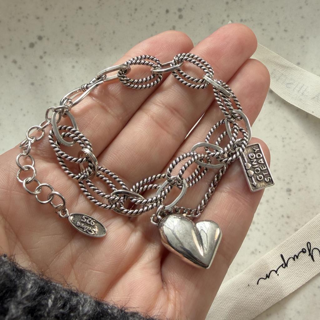 100% Solid 925 Sterling Silver Metal Bracelet for Women Men Vintage Heart Letters Handmade Simple Birthday Gift