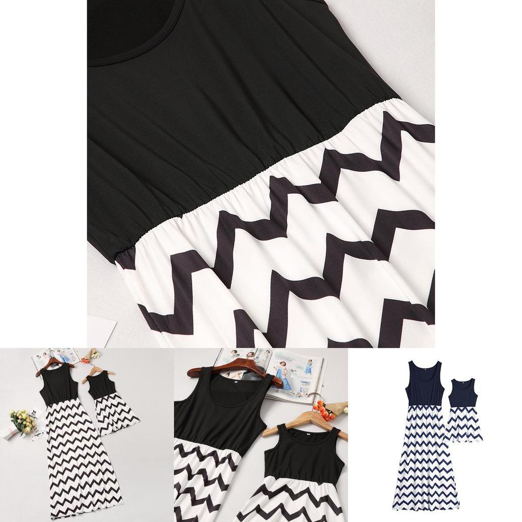 Stylish Mother And Daughter Fashion Casual Boho Stripe Maxi Matching Dress Outfits
