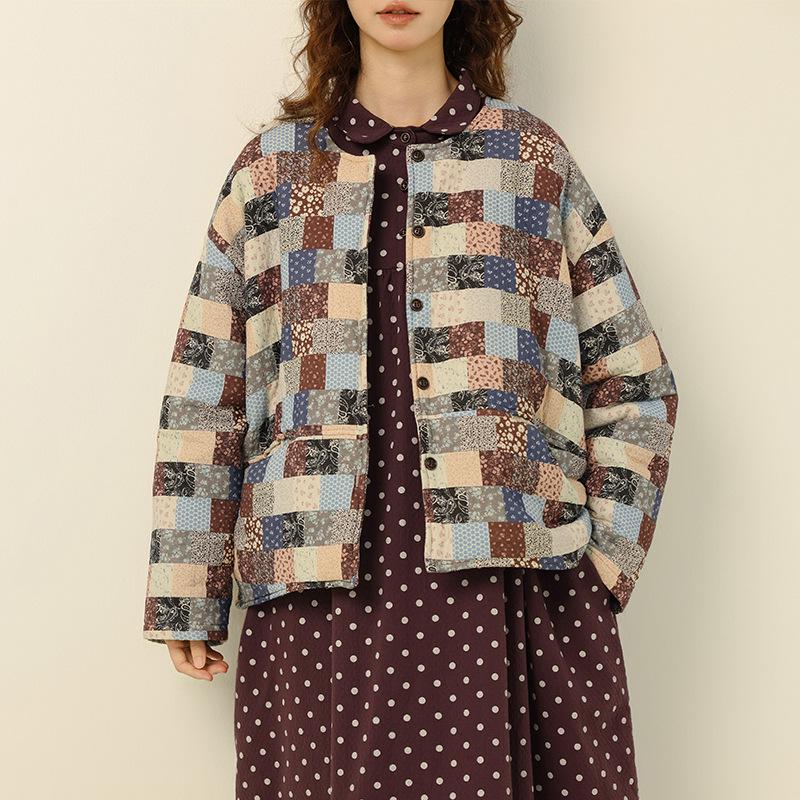 2025 Winter Mori Girl Patchwork Baumwolljacke - Literarischer Stil, Lockere Passform, Rundhalsausschnitt, Vielseitige & Verjüngende Damenoberbekleidung