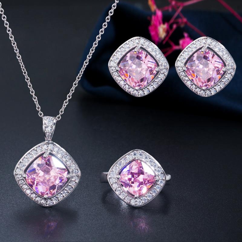 Simple Three-Piece Set Of Micro-Inlaid Zircon Square Earrings, Pendant, Ring Set Chain.