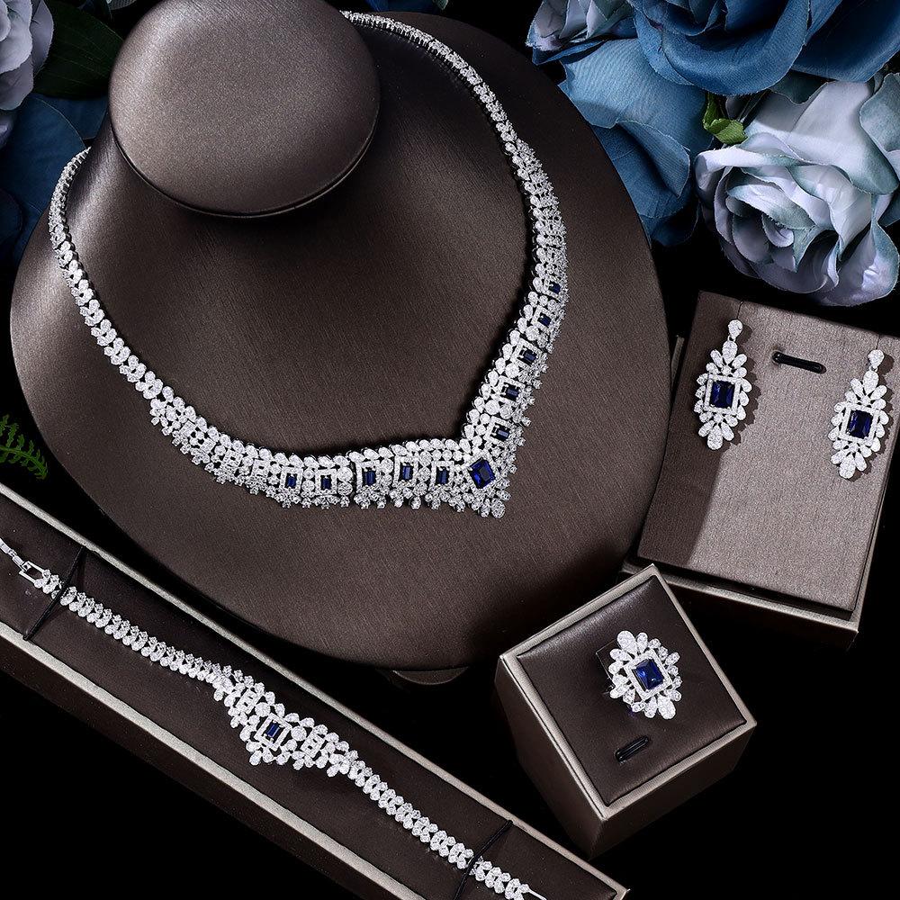 

Медный циркон свадебное ожерелье серьги электрические 18 карат настоящее золото ювелирные изделия высокого класса для женщин синий