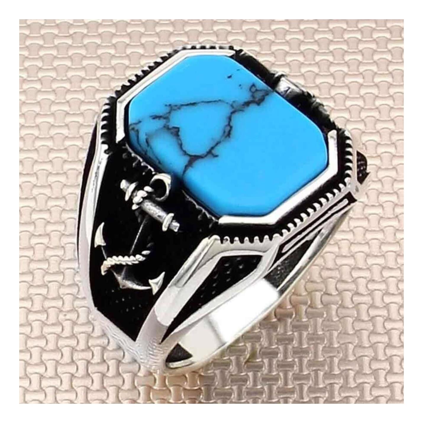 

Ship Anchor Patterned Turquoise Stone Sterling Silver Men s Ring