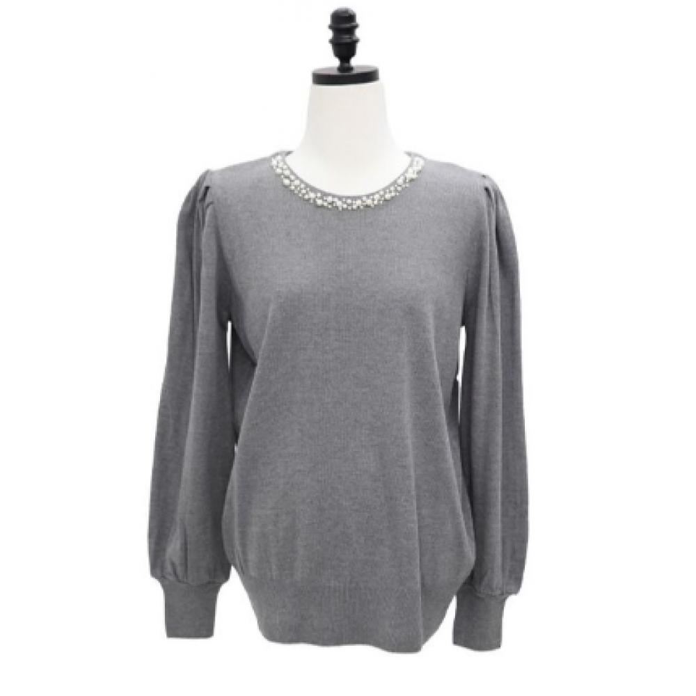 Shiz Madam Women S Pearl Necklace Decoration Balloon Sleeve Knit Top T57213