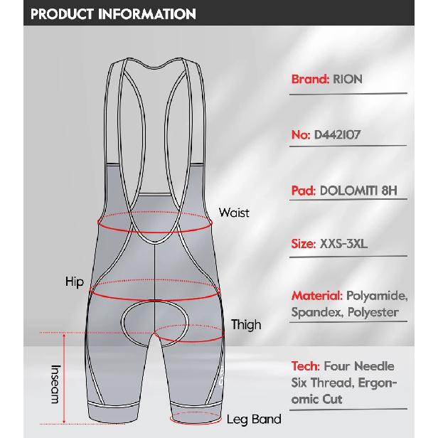 RION Men Women MTB Road Bike Cycling Bib Shorts Padded Breathable Long Distance Comfort Dolomiti 8H Outdoor Bicycle Clothing