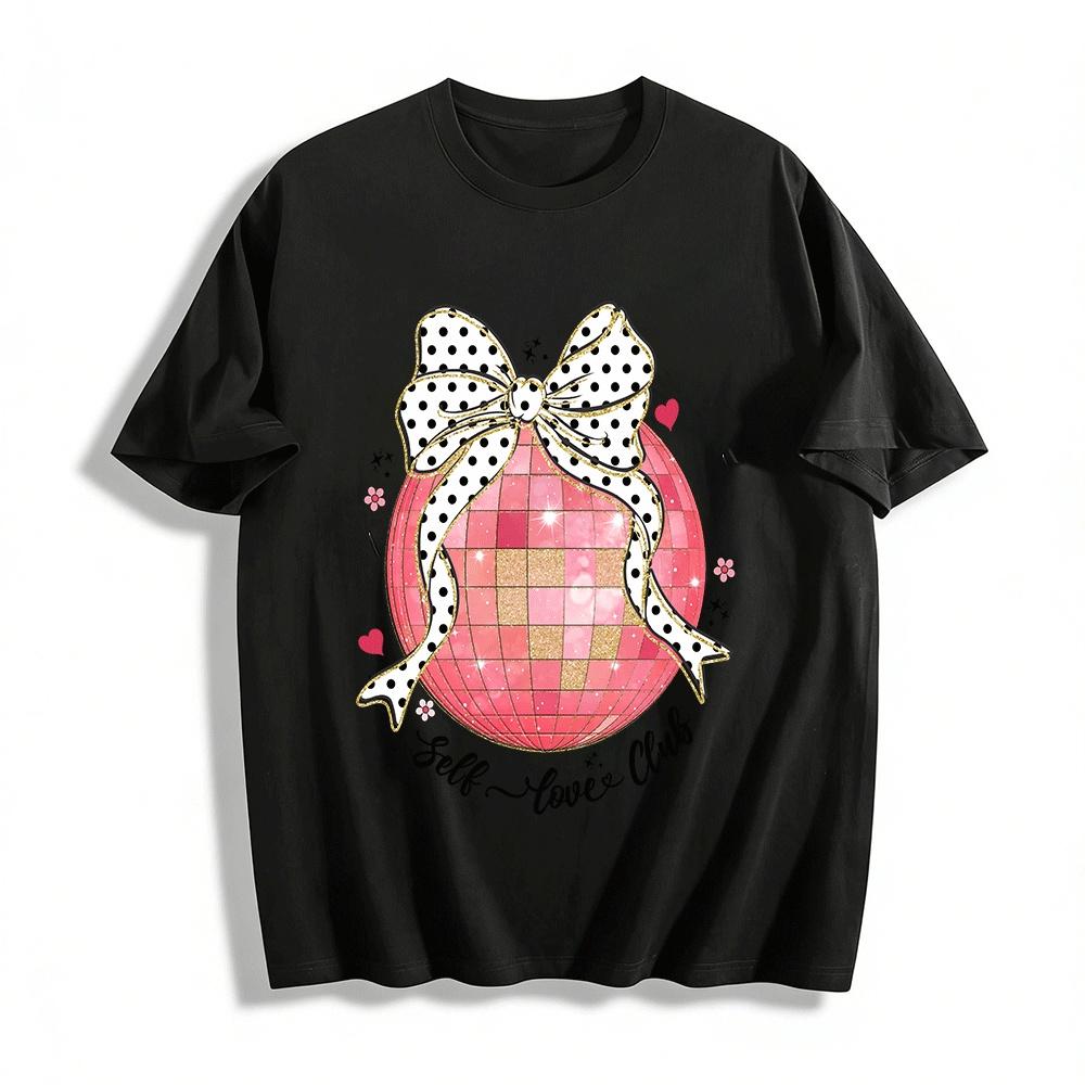 Self Love Club Pink Disco Ball Bow Graphic Tee Pure cotton T-shirt XXS