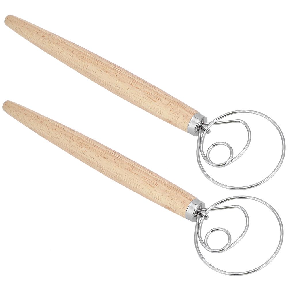 2Pcs Stainless Steel Dough Mixer Blender Manual Eggbeater with Oak Handle Kitchen Accessory