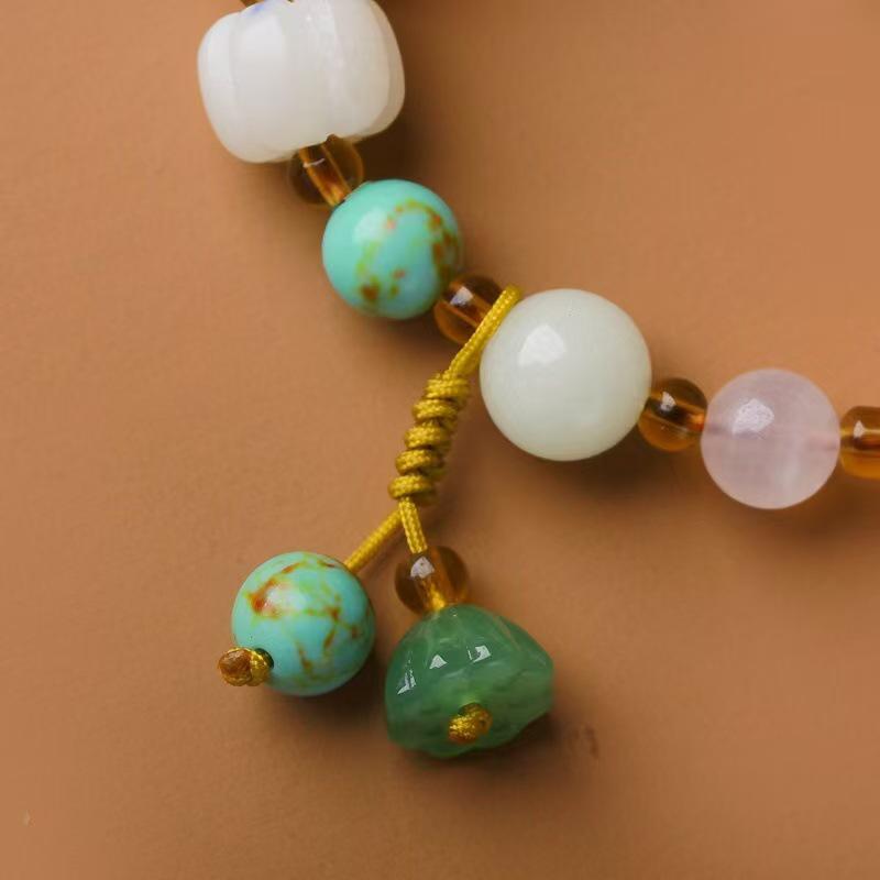 Natural White Jade Bodhi Root Hand-Carved Pumpkin Bead Bracelet and Ring Set