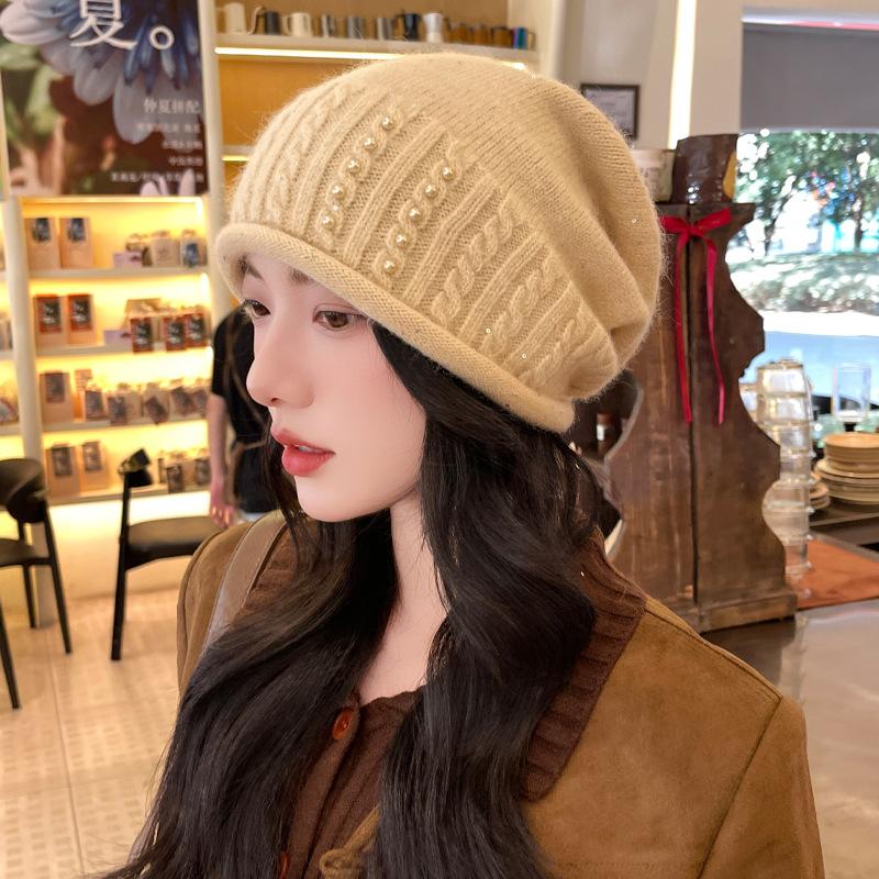 Autumn and Winter Hat Women's Warm Thickened Knitted Wool Hat Pearl Solid Color Hat  Autumn and Winter,  Beret for Women, Thick Pullover Hat