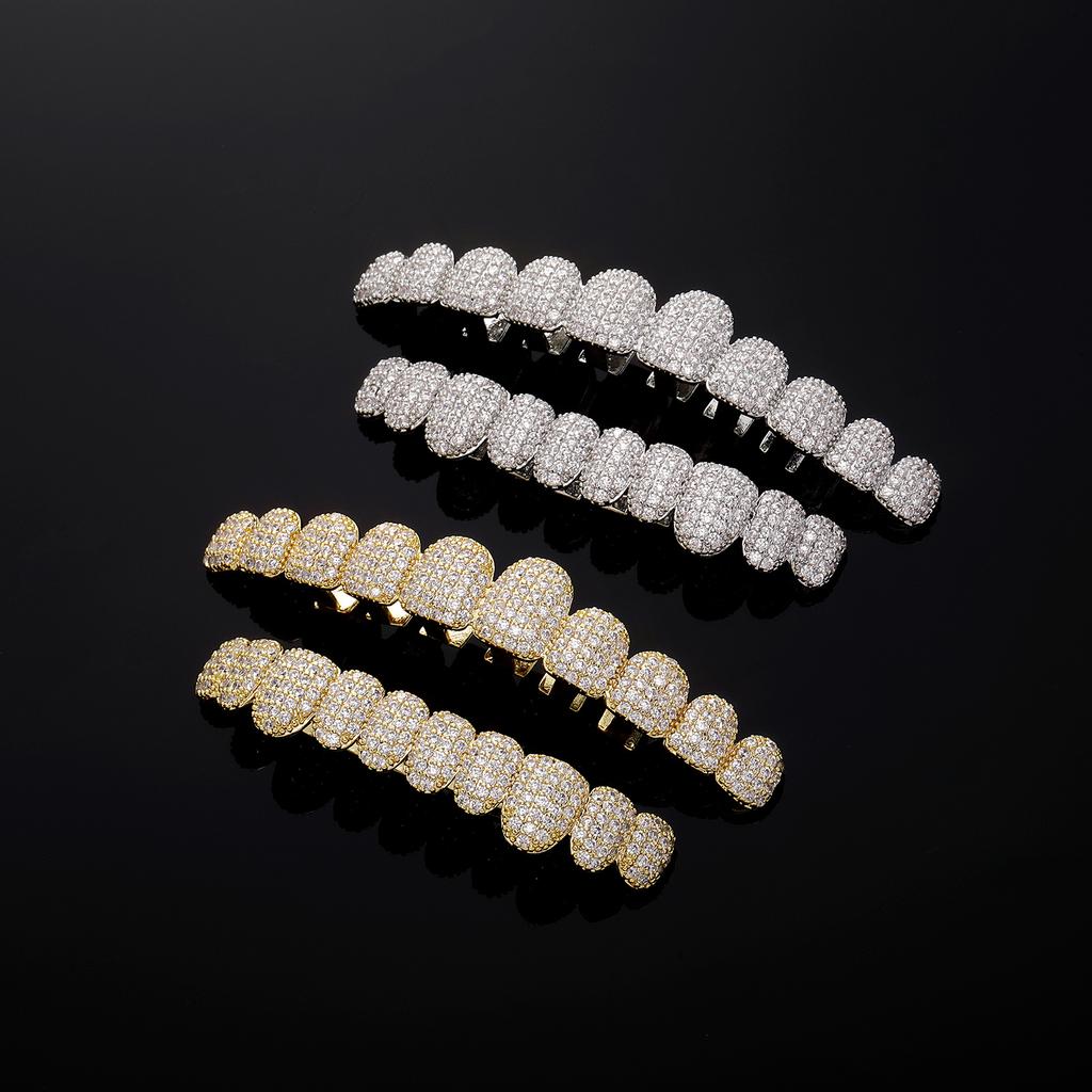 TOPGRILLZ Iced Out 10 Top &10 Bottom 5A CZ Stones Teeth Grillz Punk Rapper 14K Gold Plated Zircon Tooth Caps For Mouth Jewelry
