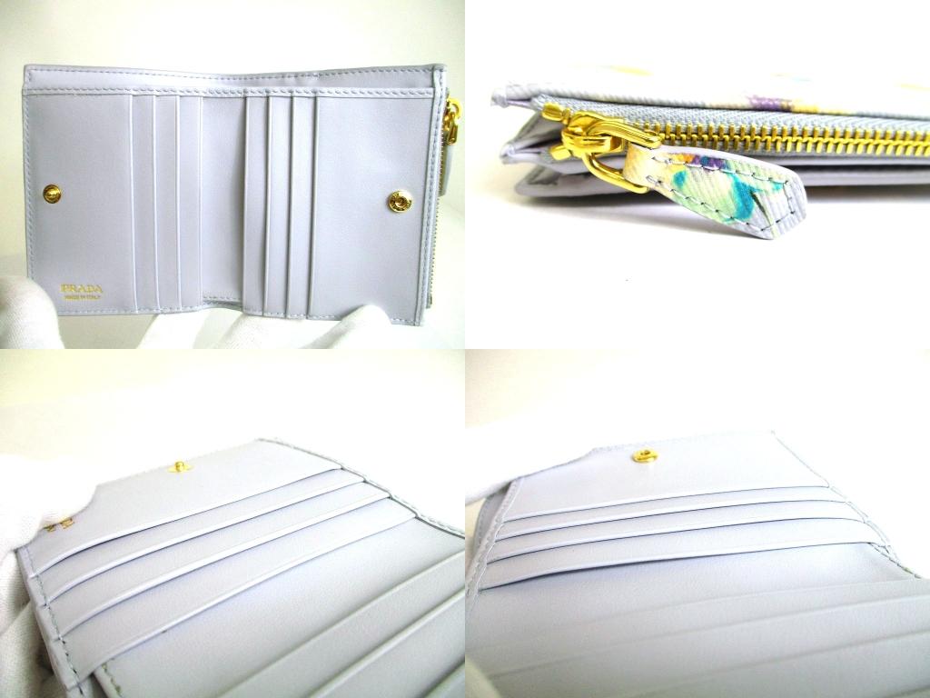 Authentic PRADA Light Blue Leather Flower Motif Bifold Wallet Compact Wallet #b268  Open box