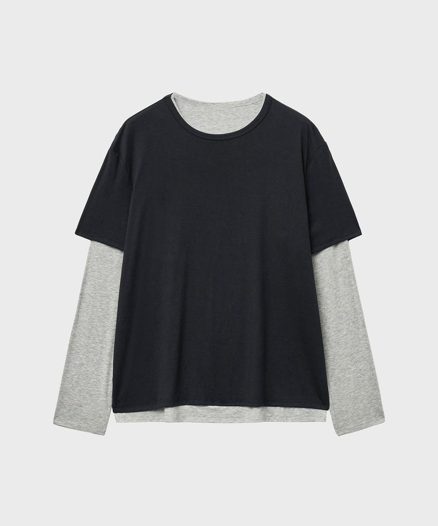 NOIRER Layered Half Long Sleeve T-Shirt (Navy Gray)