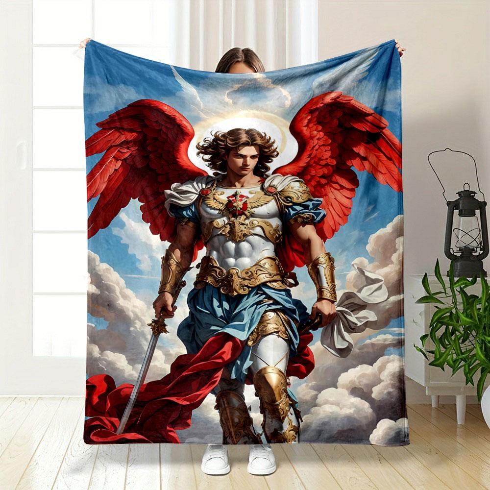 Archangel Michael Winged Warrior Clouds Blanket Bedroom Blanket for Livingroom Couch Lunch Break Soft Throw for Friend's Festival Gift