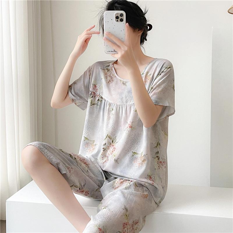 1011 Spring and Autumn Short Sleeve New Printed Pajama Set Summer Thin Sweet Floral Loose Loungewear