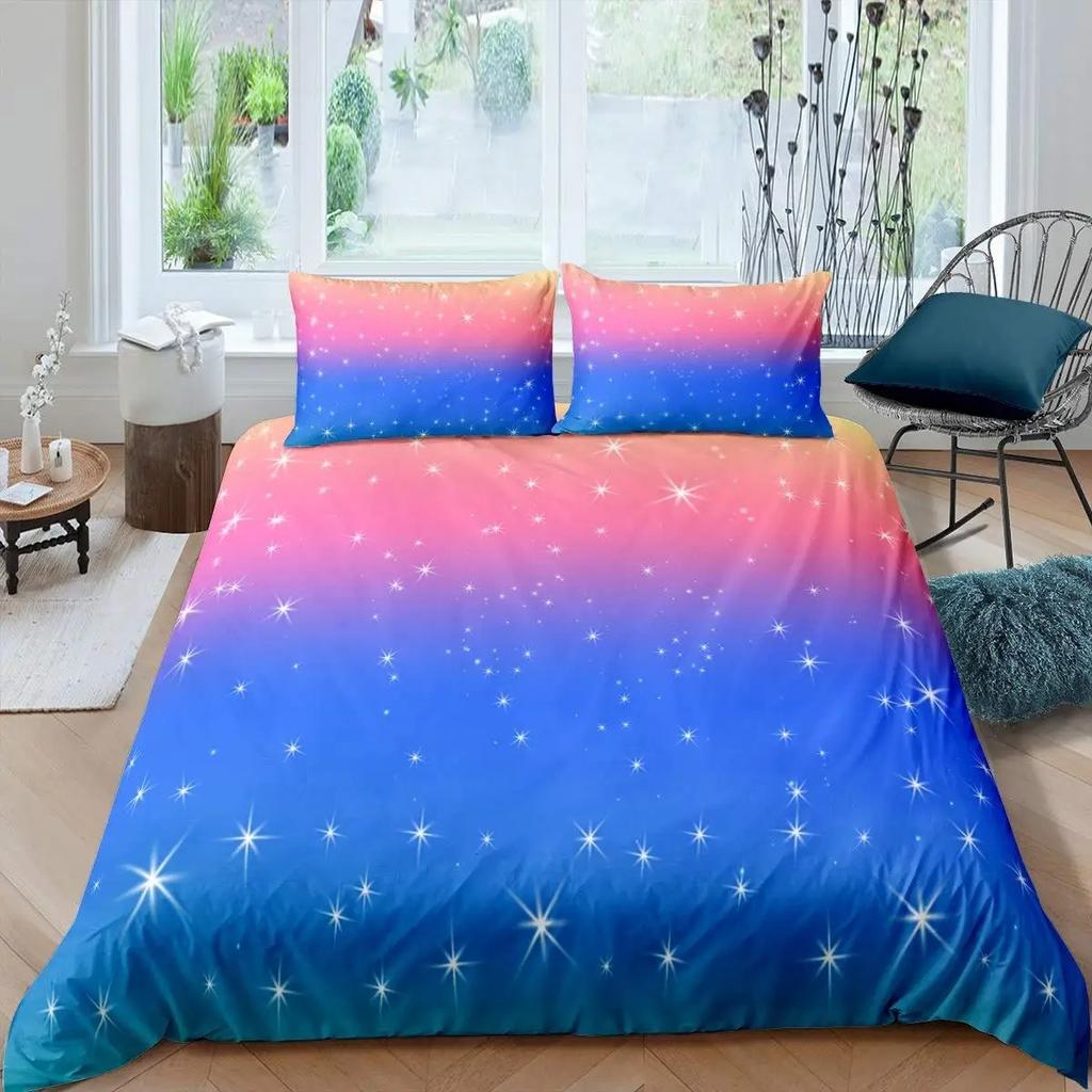 Sparkling Stars Bedding Set Galaxy Duvet Cover Pink Constellation Astrology Zodiac Nebula Comforter