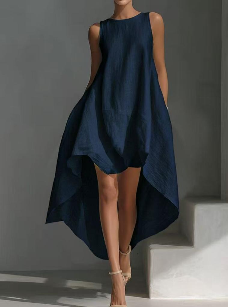 2026 Women's New Sleeveless Front Short Rear Long Irregular Cotton and Linen Dress