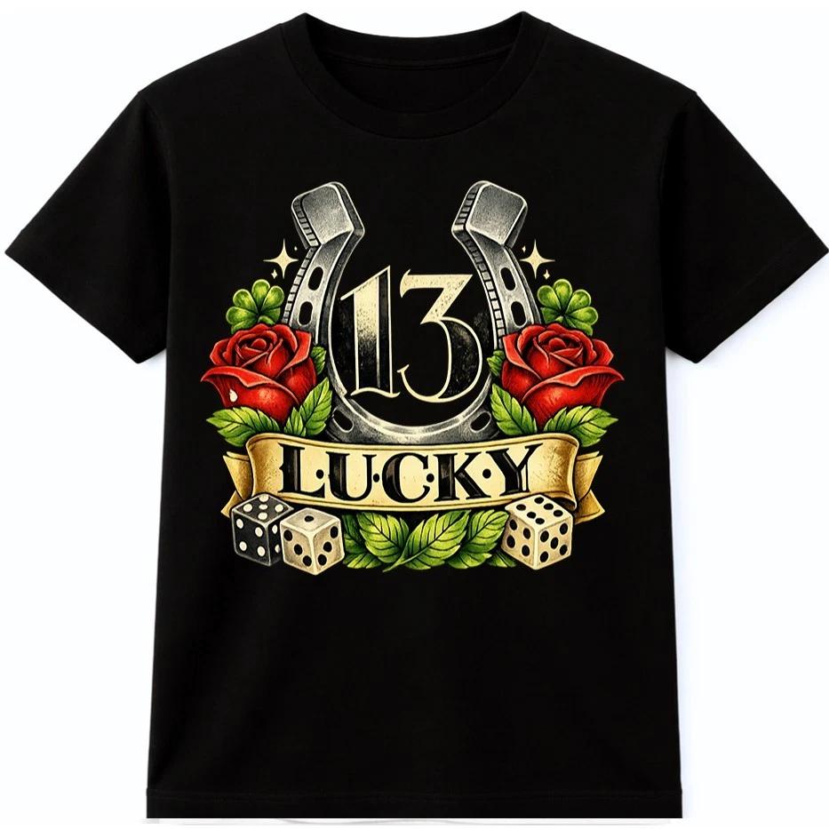 Lucky 13 T Shirt Horseshoe Roses Dice Vintage Gambling Good Luck Graphic Tee XL
