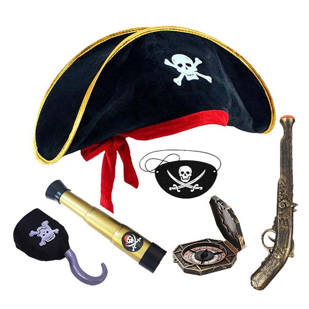 Pirate Compass Skull Print Hat Costume Kits for Treasure Hunt Stylish Role Play Accessories for Halloween Party