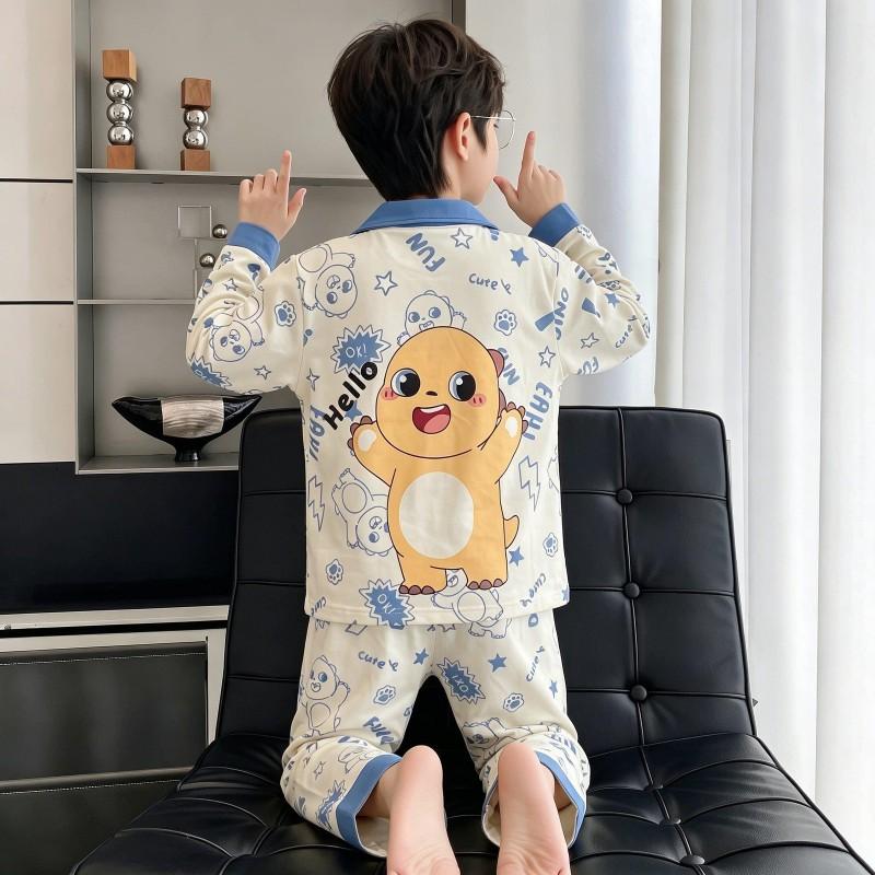 Boys Cotton Pajama Set Long Sleeve Thin Sleepwear Cartoon Print Hoodie Style Home Wear Kids 8