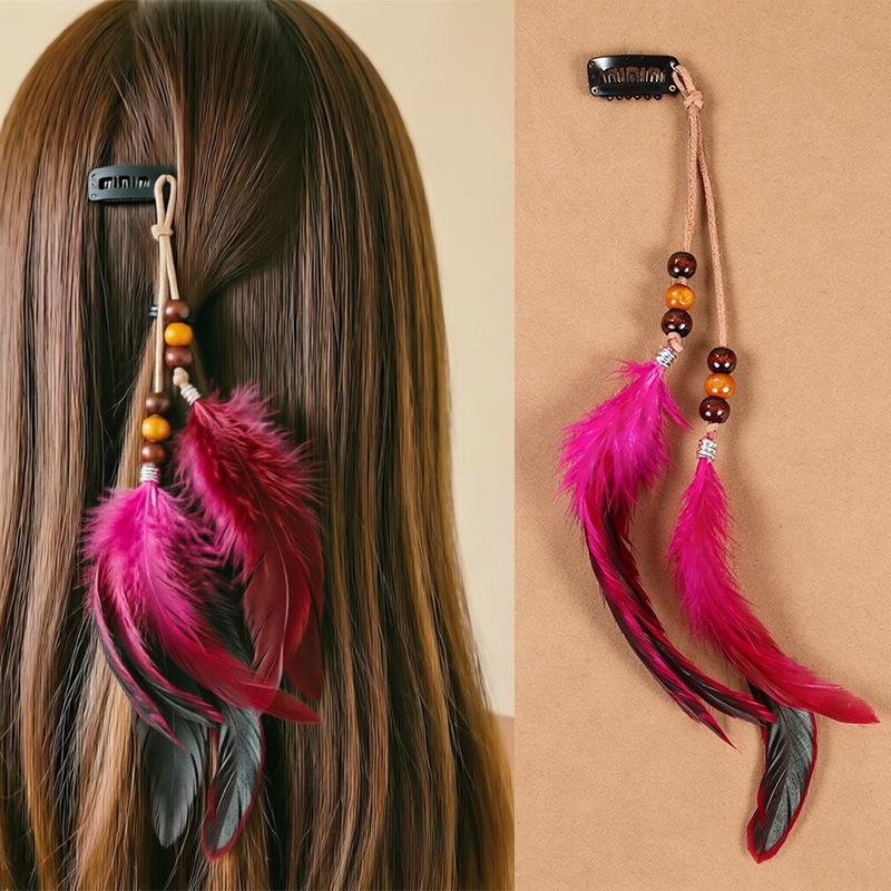 Vintage Feather Hair Accessory, Long Bohemian Fringe Headband With Beads, Handmade Festival Hair Clip For Women