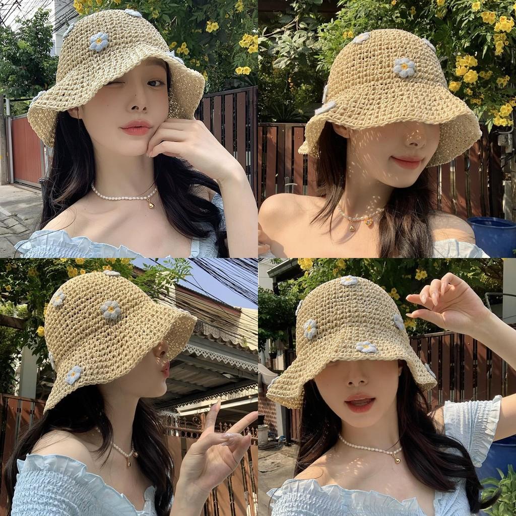 Stylish Blue Floral Straw Fisherman Hat For Women With Wide Brim Breathable Design Ideal For Sun Protection