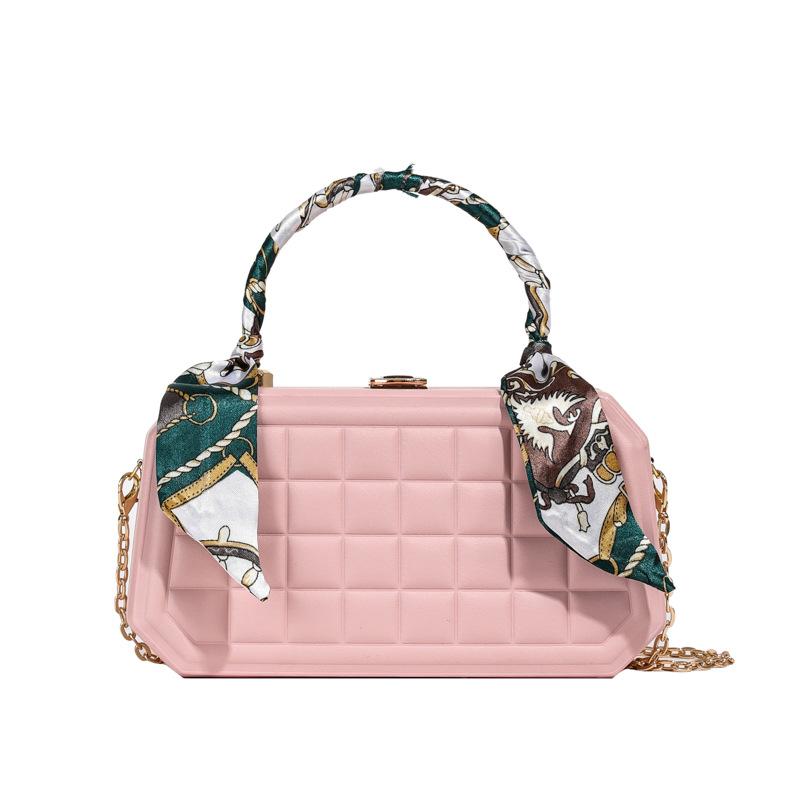 

Жіноча сумка в коробці з шовковим шарфом 2024, нова плед-тренд, ретро-шкатулка, сумочка, модна сумка через плече на ланцюжку рожевий