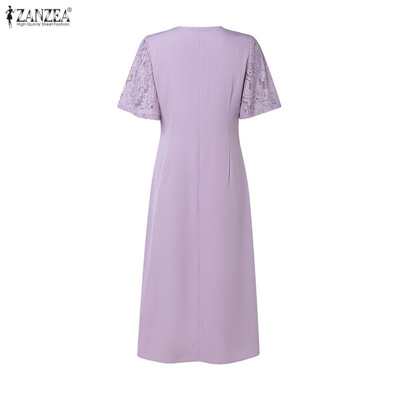 ZANZEA Women Elegant Lace Patchwork Casual V-Neck Short Sleeve Dress