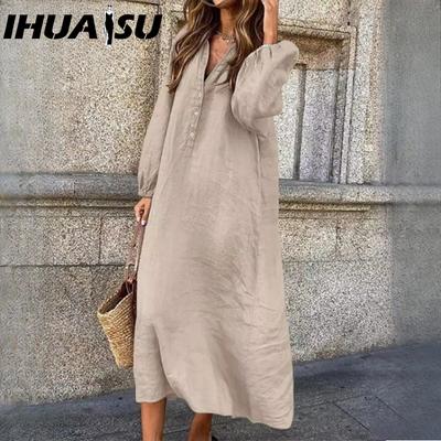 Women's Fashion Spring Autumn Solid Color Print Long Sleeve High Waist Casual Dresses