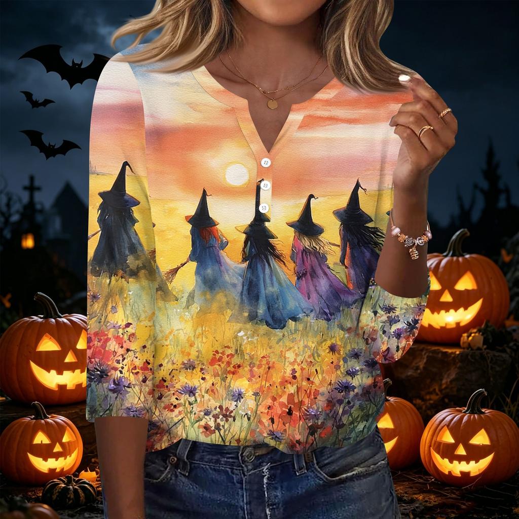 Damen Casual Halloween Print 3/4 Ärmel T-Shirt Top