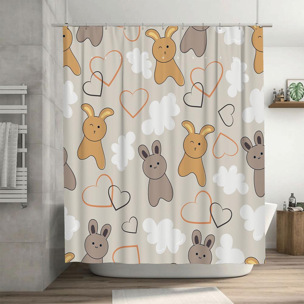 Adorable Rabbit Heart Shower Curtain Modern Bathroom Decor, Waterproof Fabric For Kids Bathing Room 72 X 72 Inches