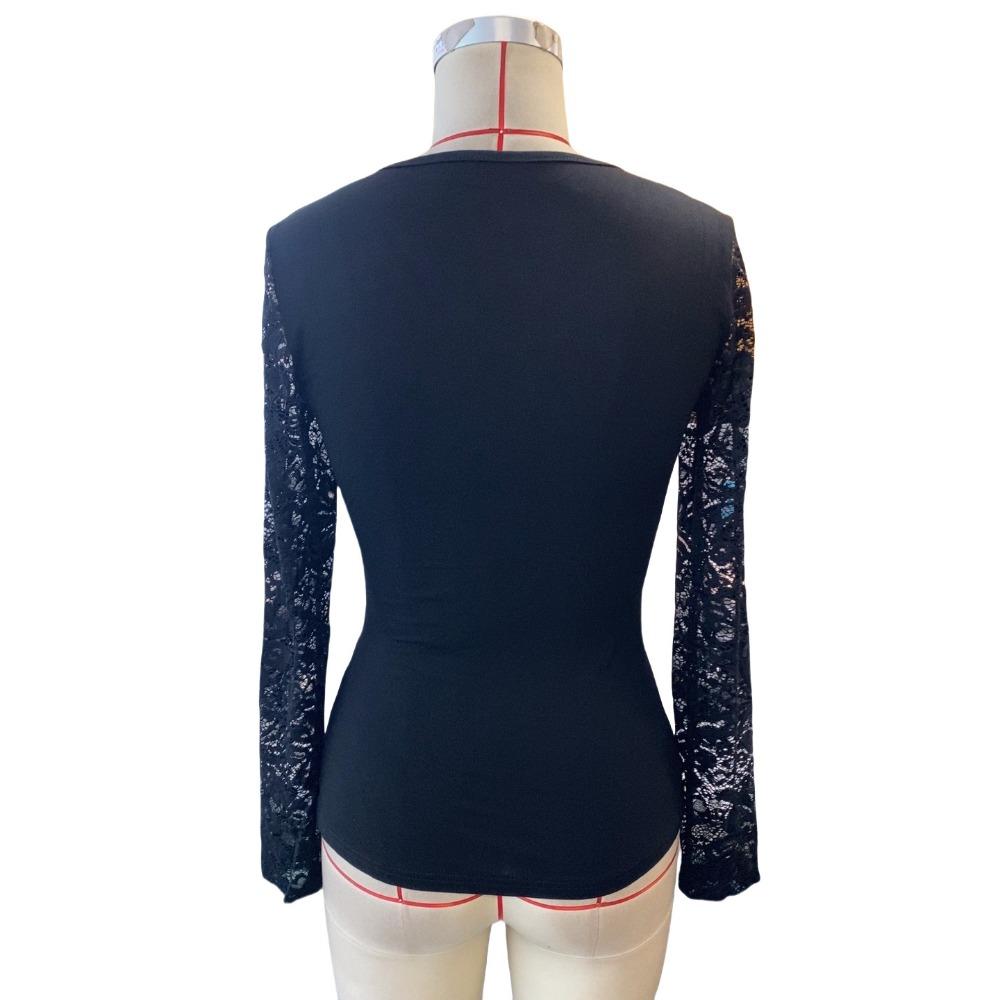 Autumn and Winter Women's Solid Colour Cross Splicing Lace Sleeve Long-sleeved Slim Thin T-shirt