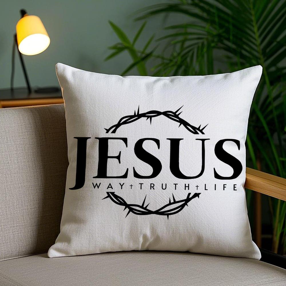 Christian Jesus The Way Truth Life Cushion Cover Plush Fabric Double-Sided Printed Invisible Zipper Sofa Pillow Case Home Decor