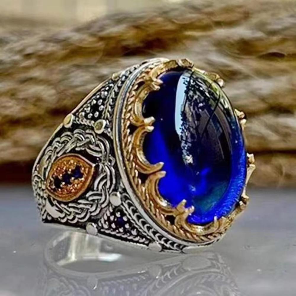 Fashion and popular exquisite craftsman zircon blue Zircon engraving, high-end retro men's ring Zircon