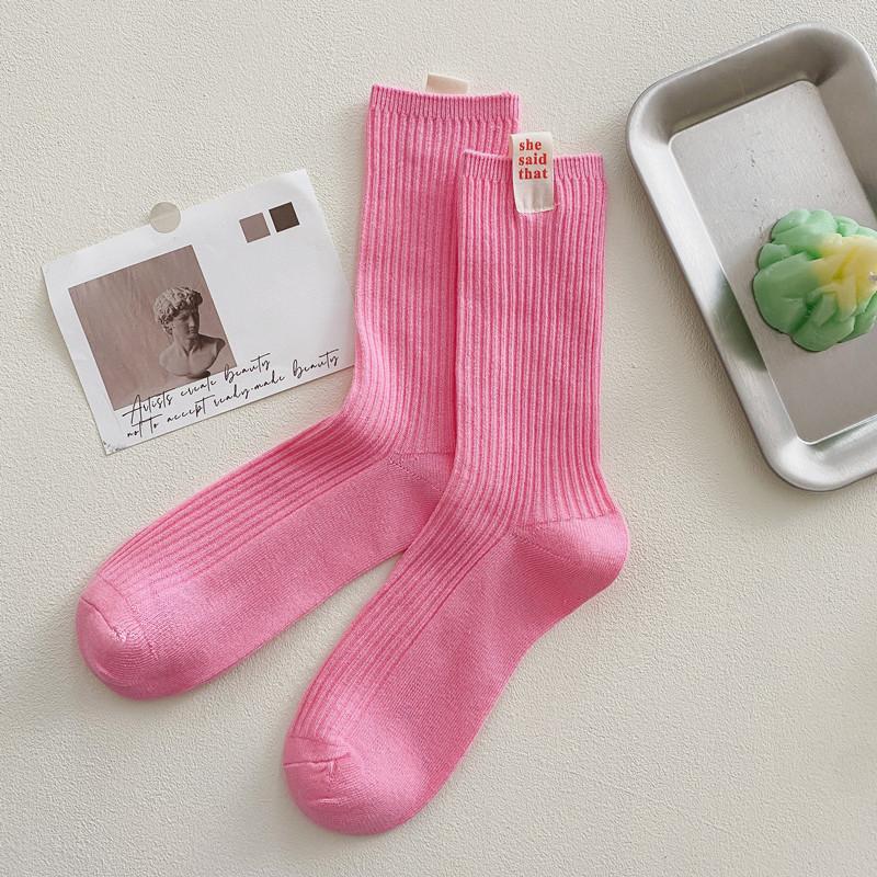 Internet Celebrity She Cloth Label Double Needle Socks Medium Socks Solid Color Stacked Socks