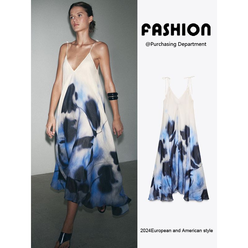 Za2025 Summer New Product Women's Clothes Vacation Style Sleeveless Loose Printing Slip Dress 2787193 080